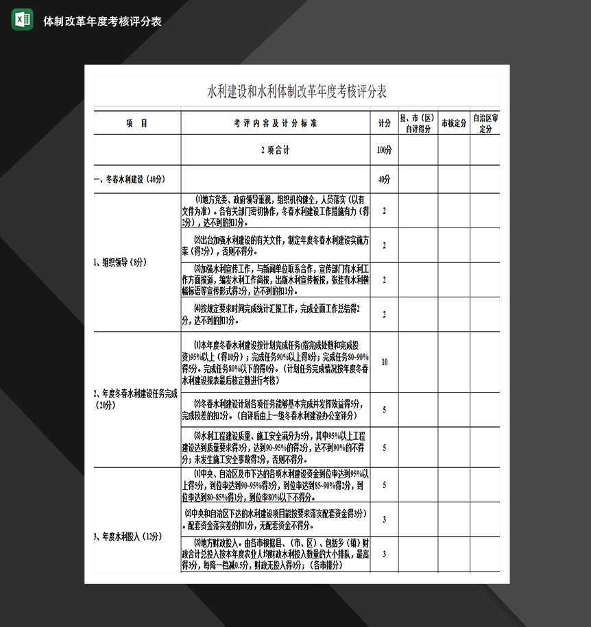 水利建设和体制改革年度考核评分表行政管理表单Excel模板