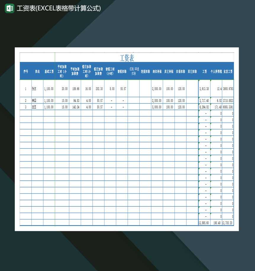 公司部门员工工资表统计表单Excel模板