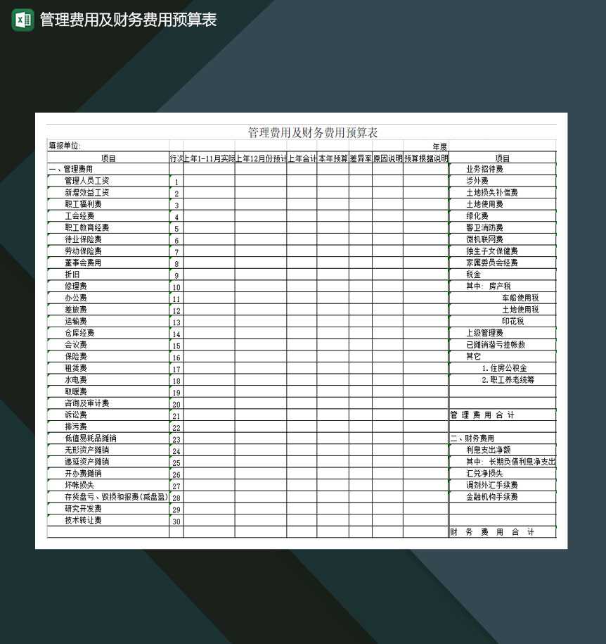 管理费用及财务费用预算表Excel模板