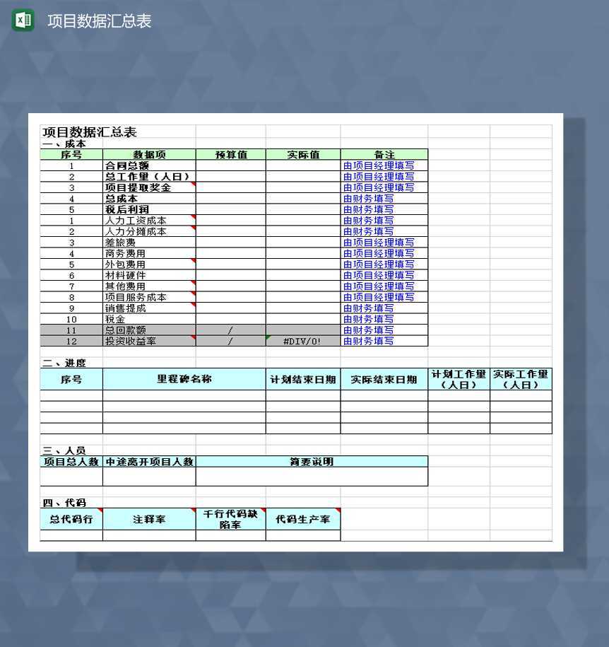 项目财务预算费用数据汇总表Excel模板