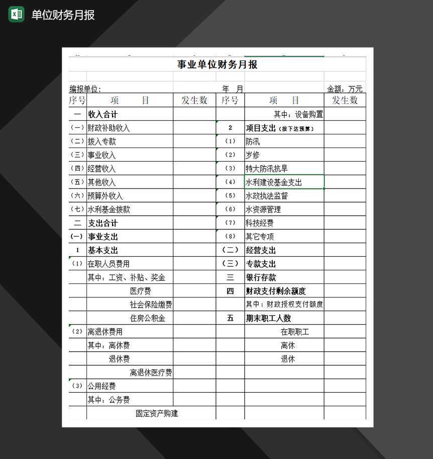 事业单位财务月报财务管理表格模板Excel模板