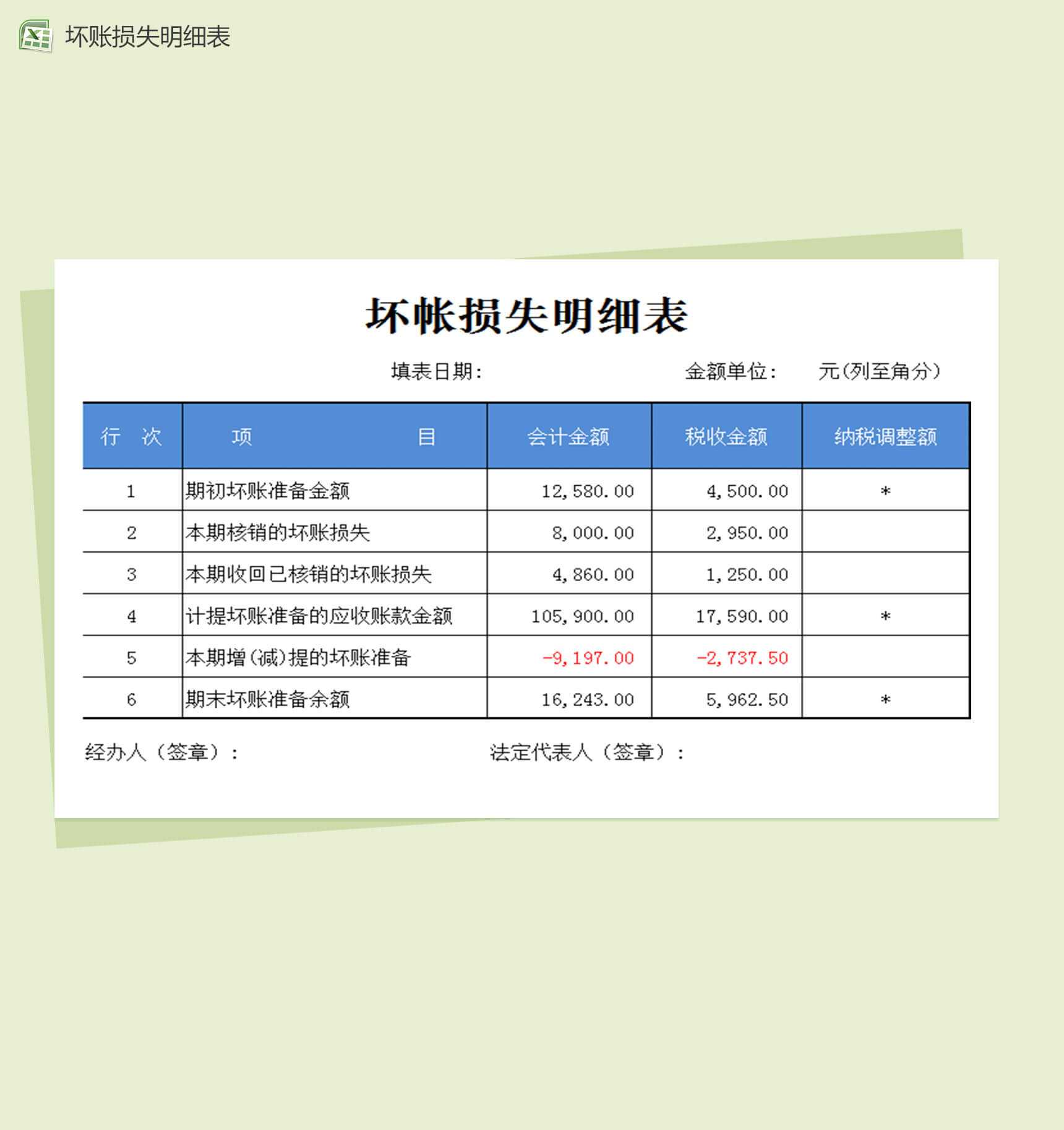 坏账损失明细表Excel表格模板