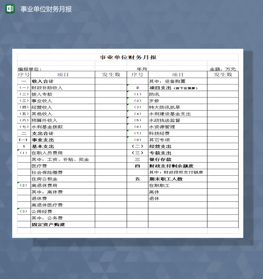 事业单位财务报表月报表Excel模板