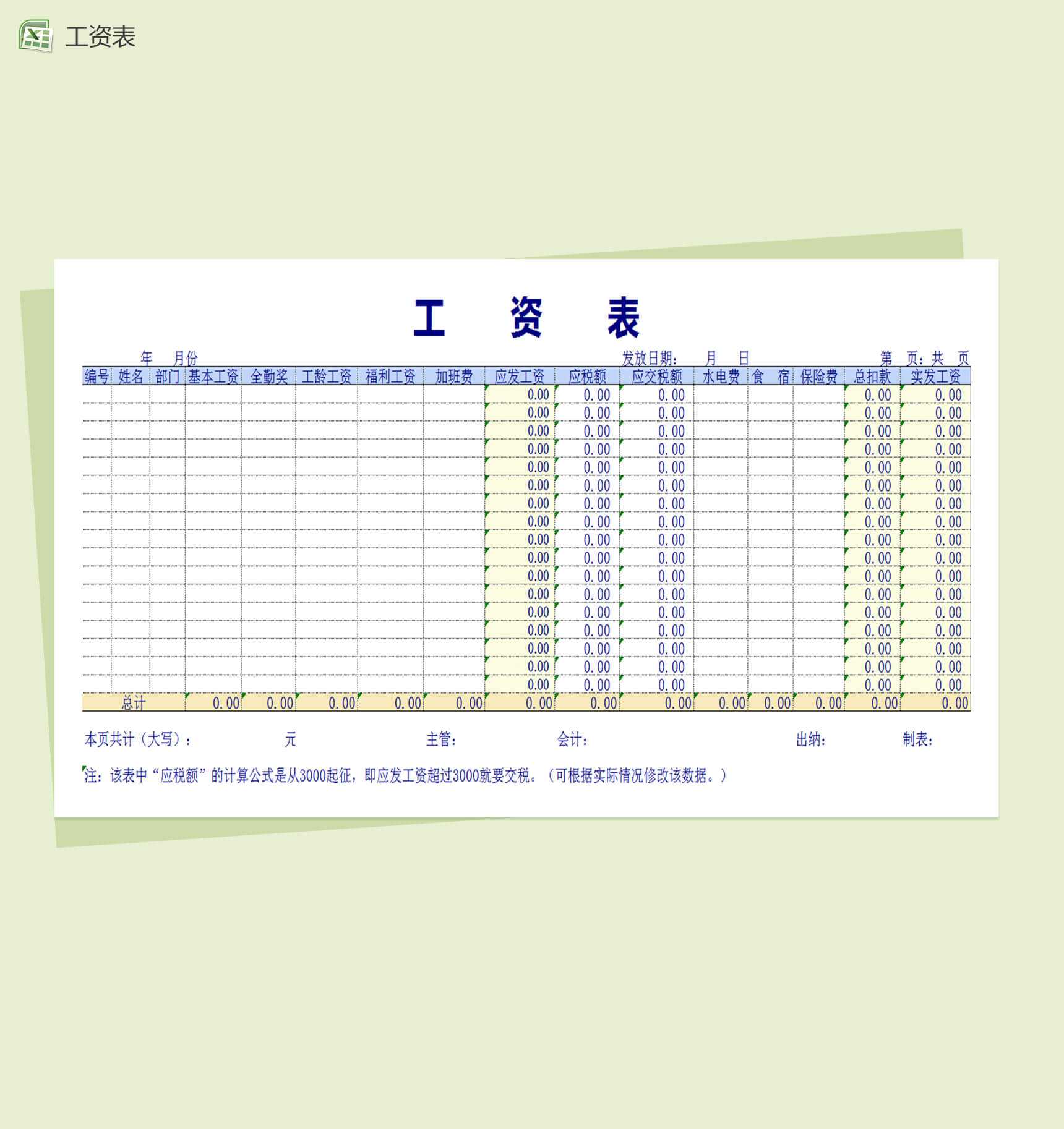 企业公司工资表Excel表格模板下载_爱尚资源网,excel模板下载