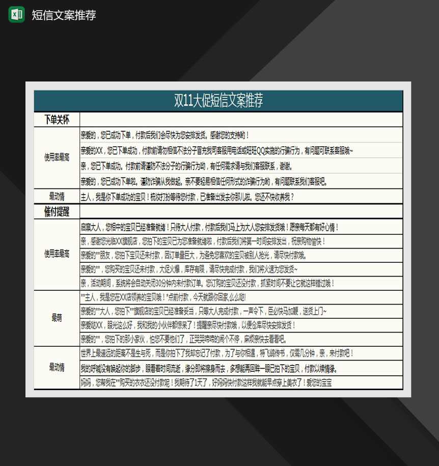 线上双十一大促短信文案推荐Excel模板