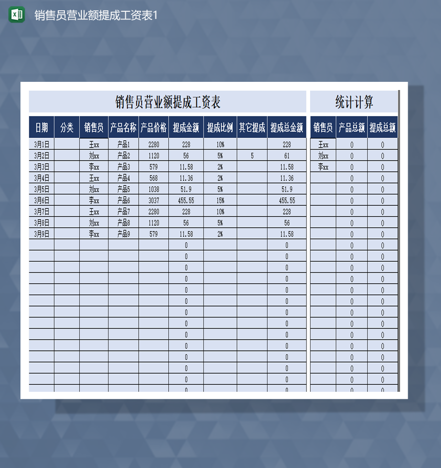 销售员营业额提成工资表统计计算表Excel模板