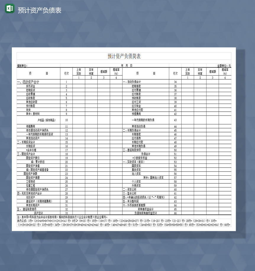 财务会计投资预计资产负债简表Excel模板