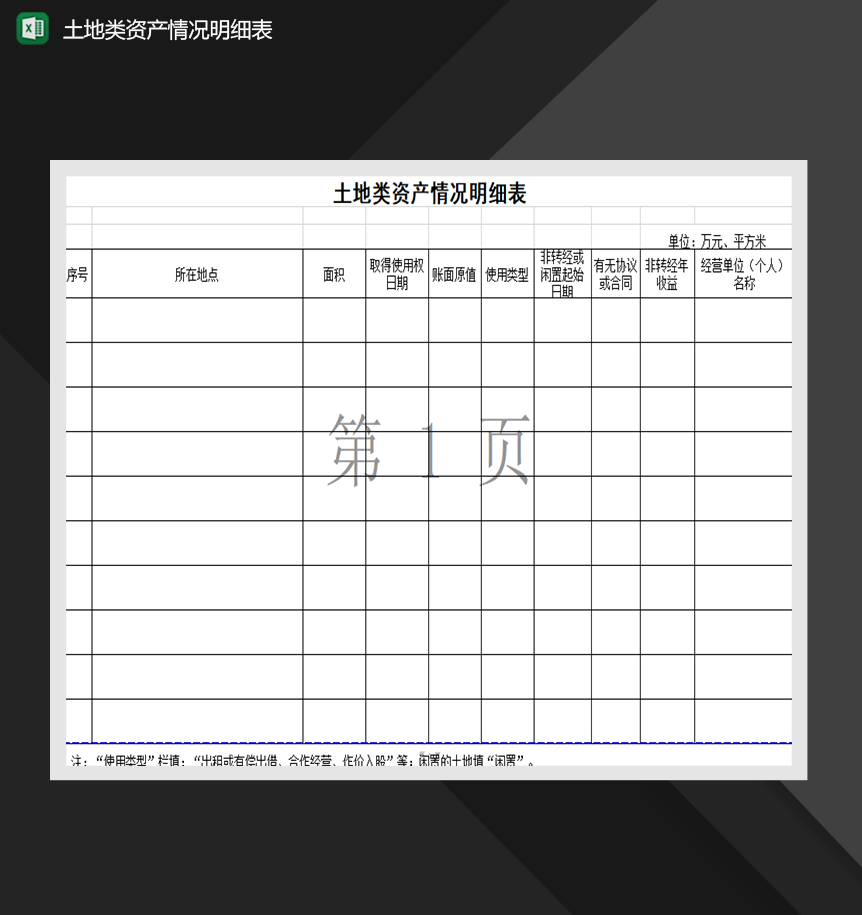 土地类资产情况明细表财务资产统计表Excel模板