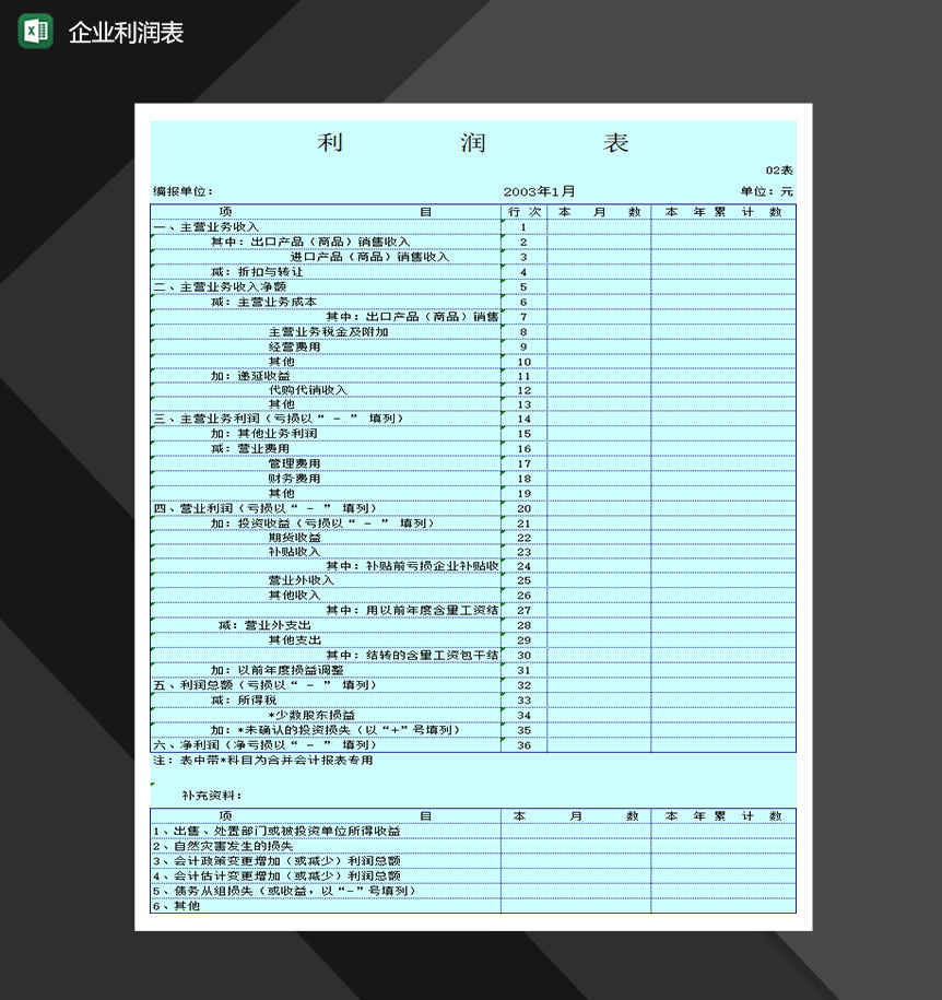 企业主营业务利润报表Excel模板