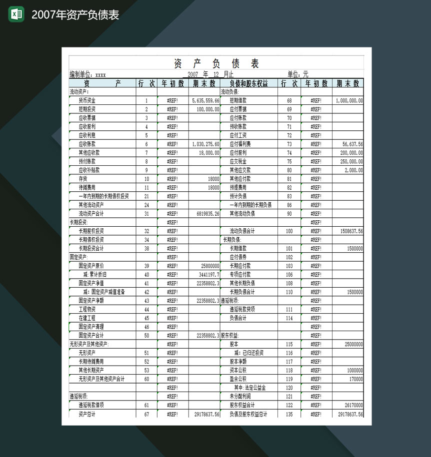 2020年公司资产负债数据表统计Excel模板