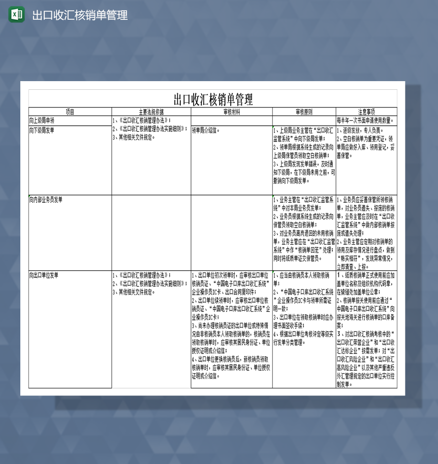 出口收汇核销单管理Excel模板