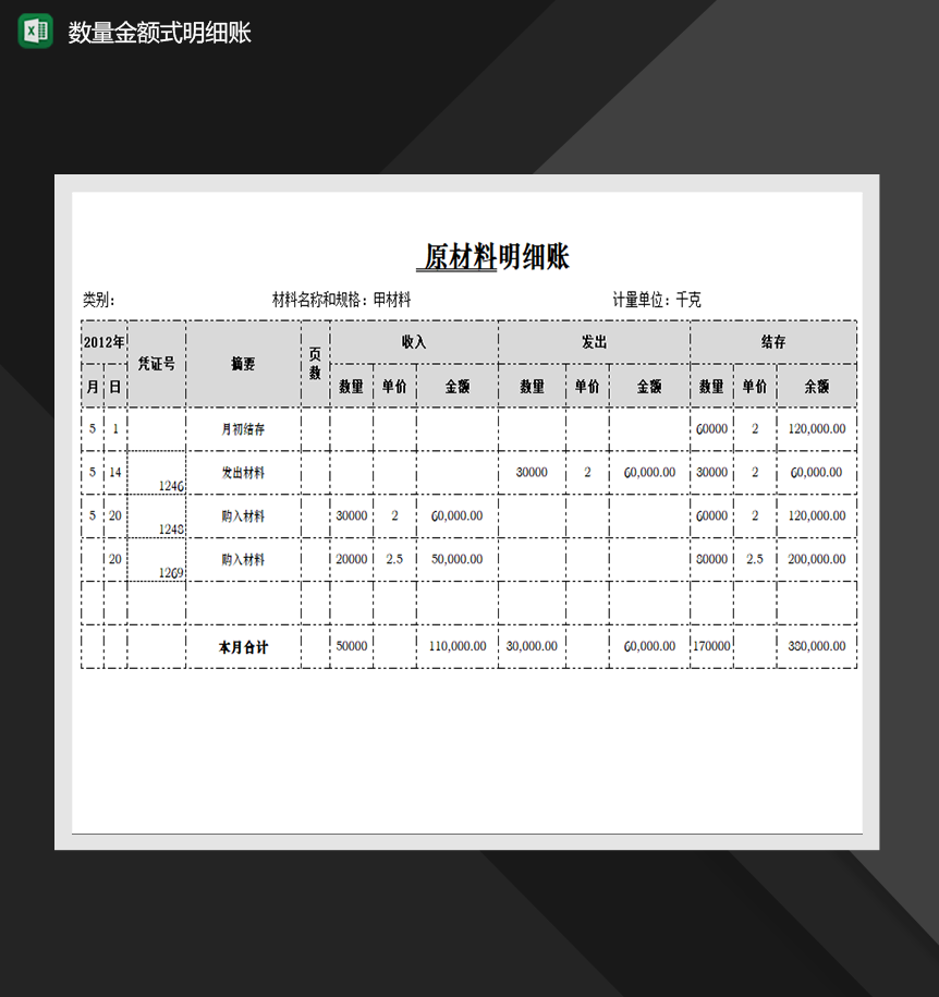 制作数量金额式明细账财务统计报表Excel模板