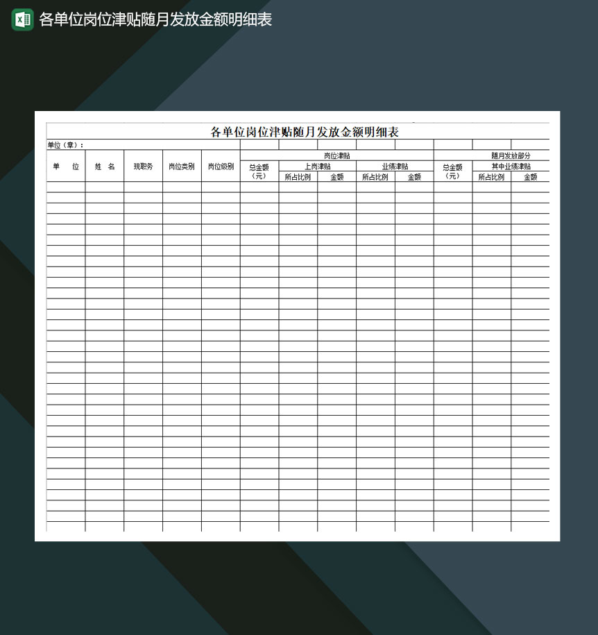 各单位岗位津贴随月发放金额明细表Excel模板