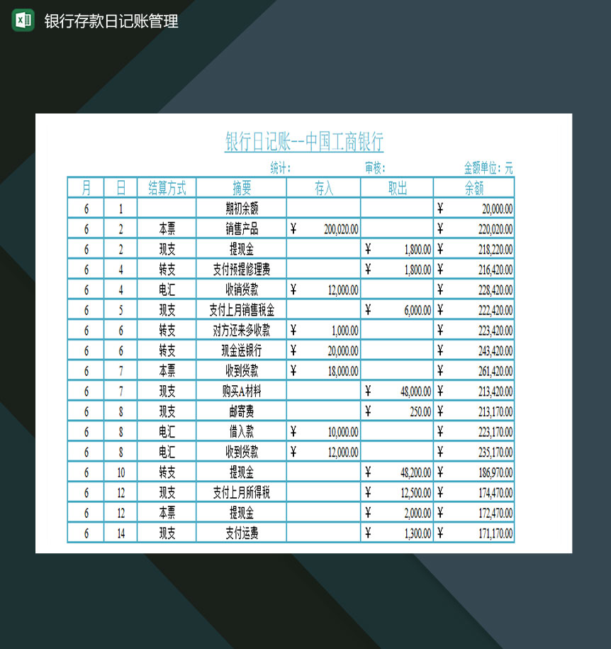 工商银行存款日记账管理Excel模板