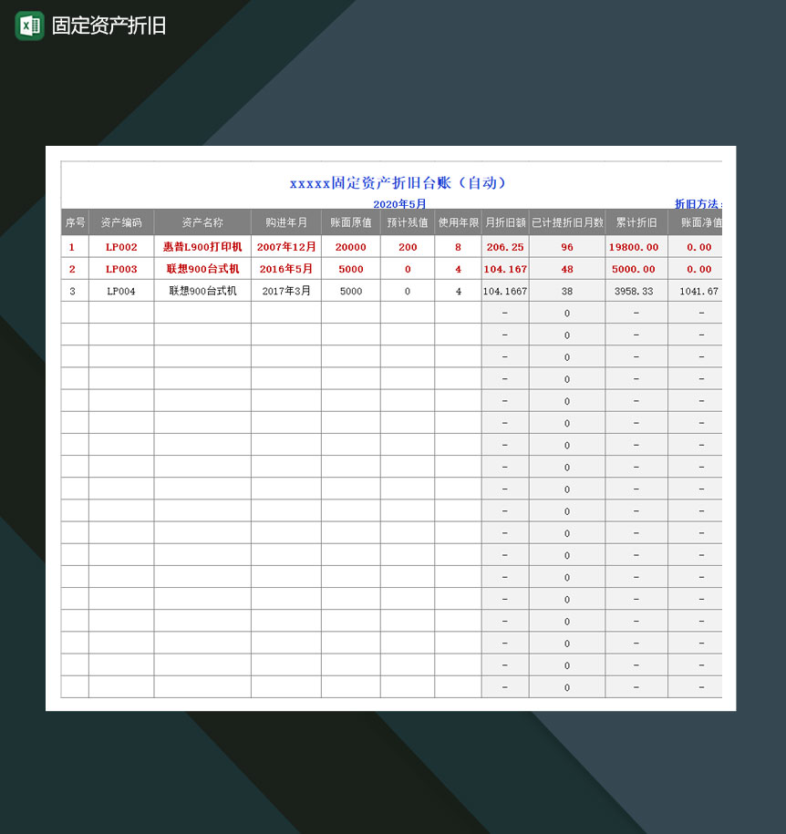 固定资产折旧自动计算颜色标记表Excel模板