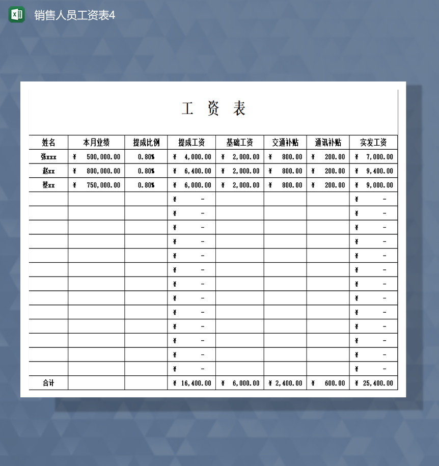 员工基本工资提成工资记录汇总表Excel模板