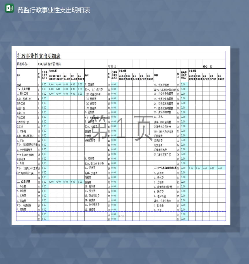 药监行政事业性财务支出明细表Excel模板