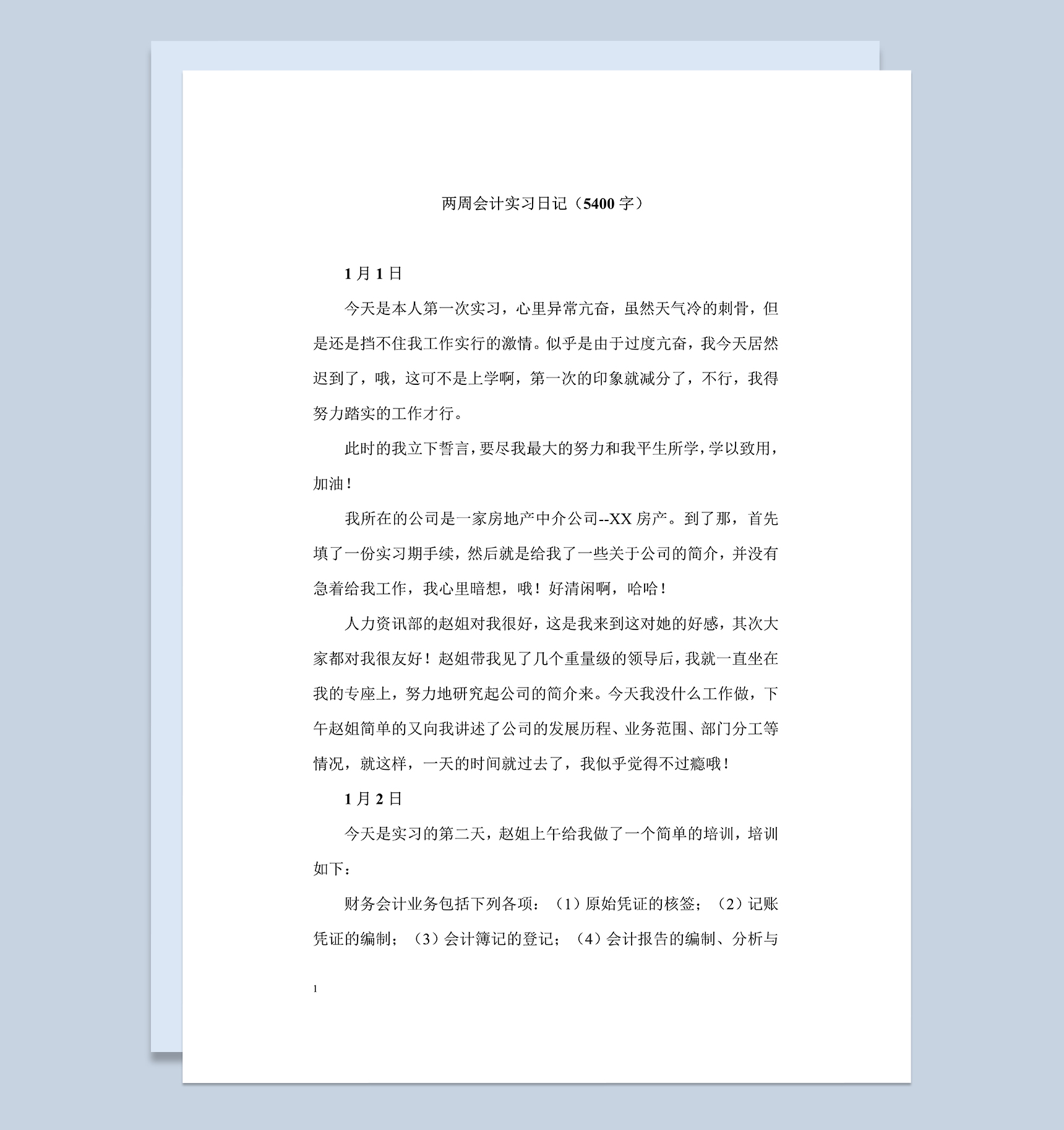 XX房产财务会计实习日记会计专业实习日记范本Word模板