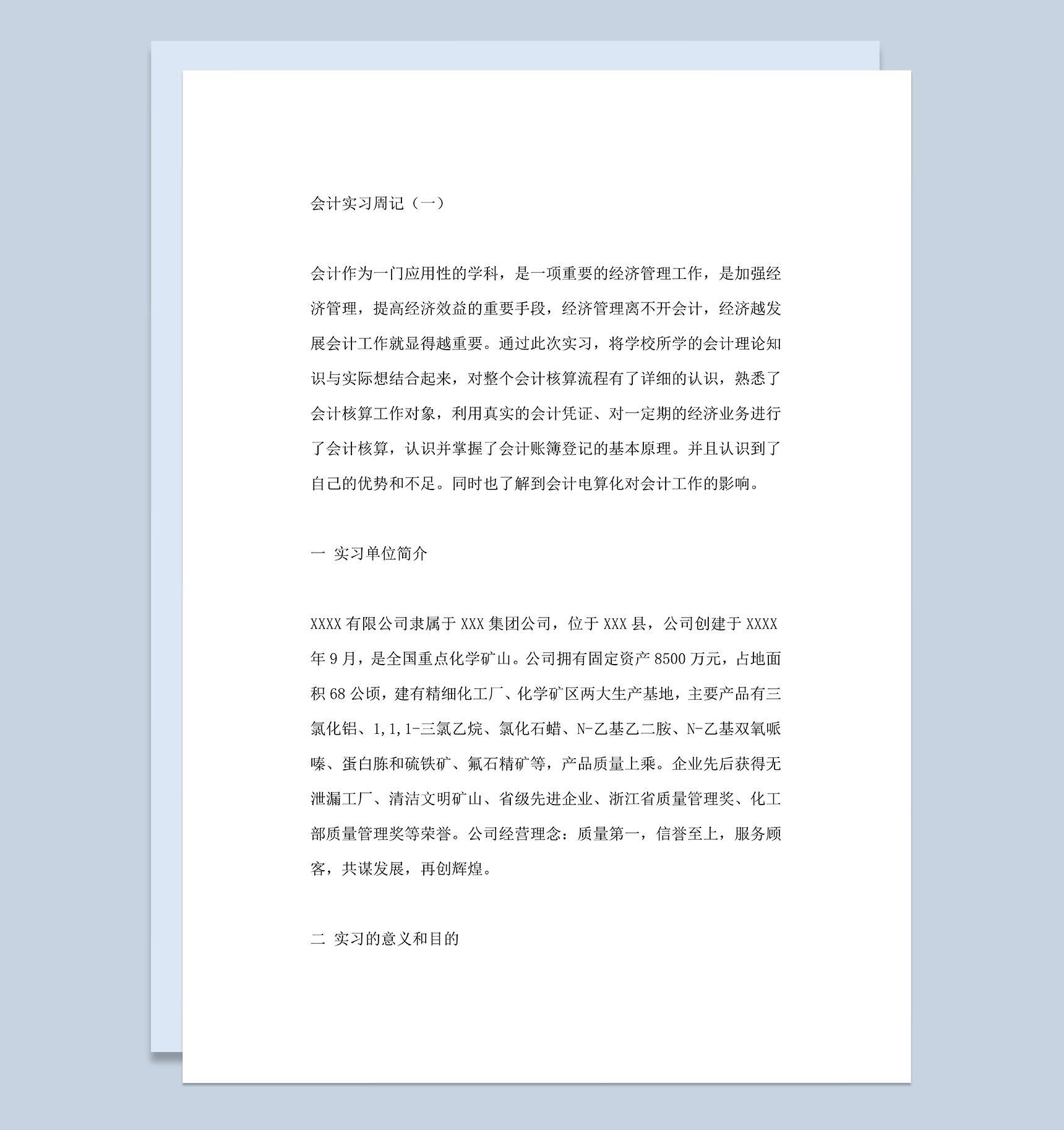 XX有限公司会计文员实习周记财务会计专业实习日记Word模板