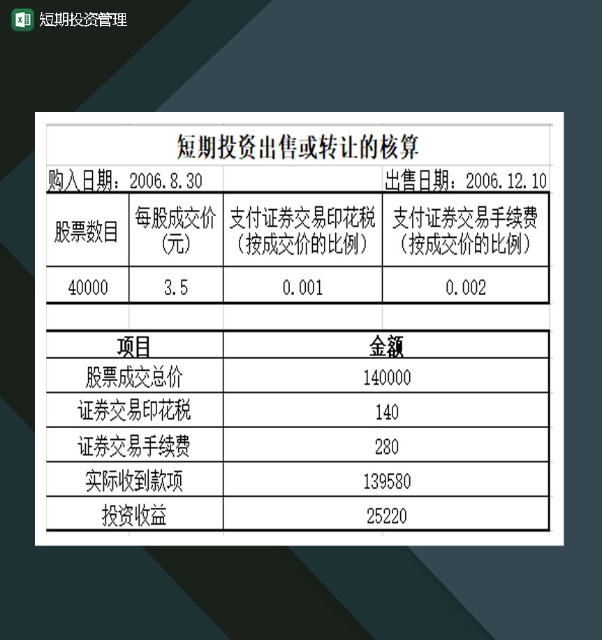 短期投资出售或转让的核算Excel模板