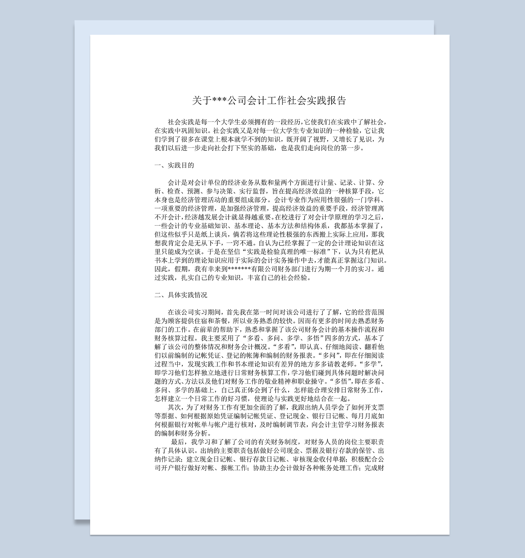 会计实习报告会计工作社会实践报告范本Word模板