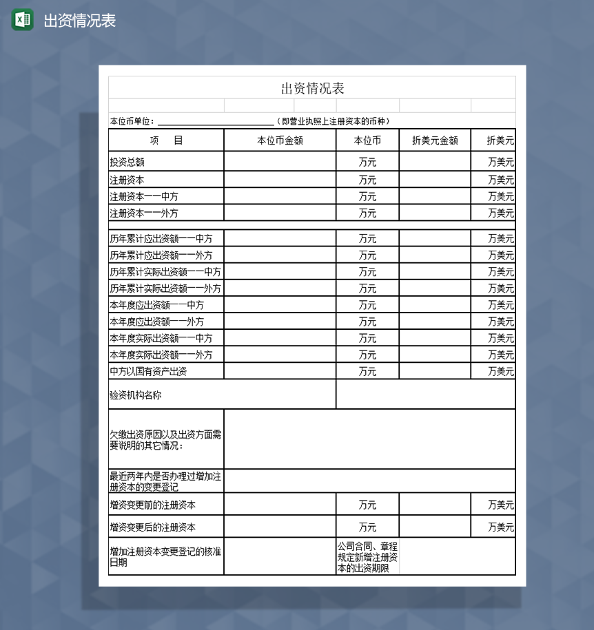 出资情况表资金投入情况表Excel模板